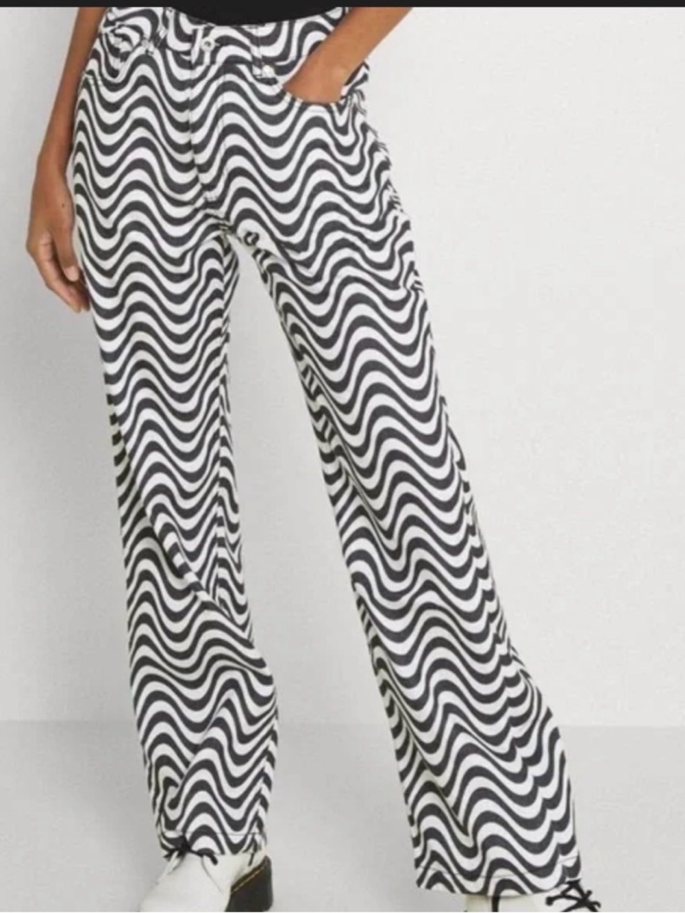 The Ragged Priest - Black & White Wave-Print Wide Leg Pants